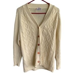 Vintage Cable Knit Cardigan Sweater Adult Large Women’s 70s Sweater Cream